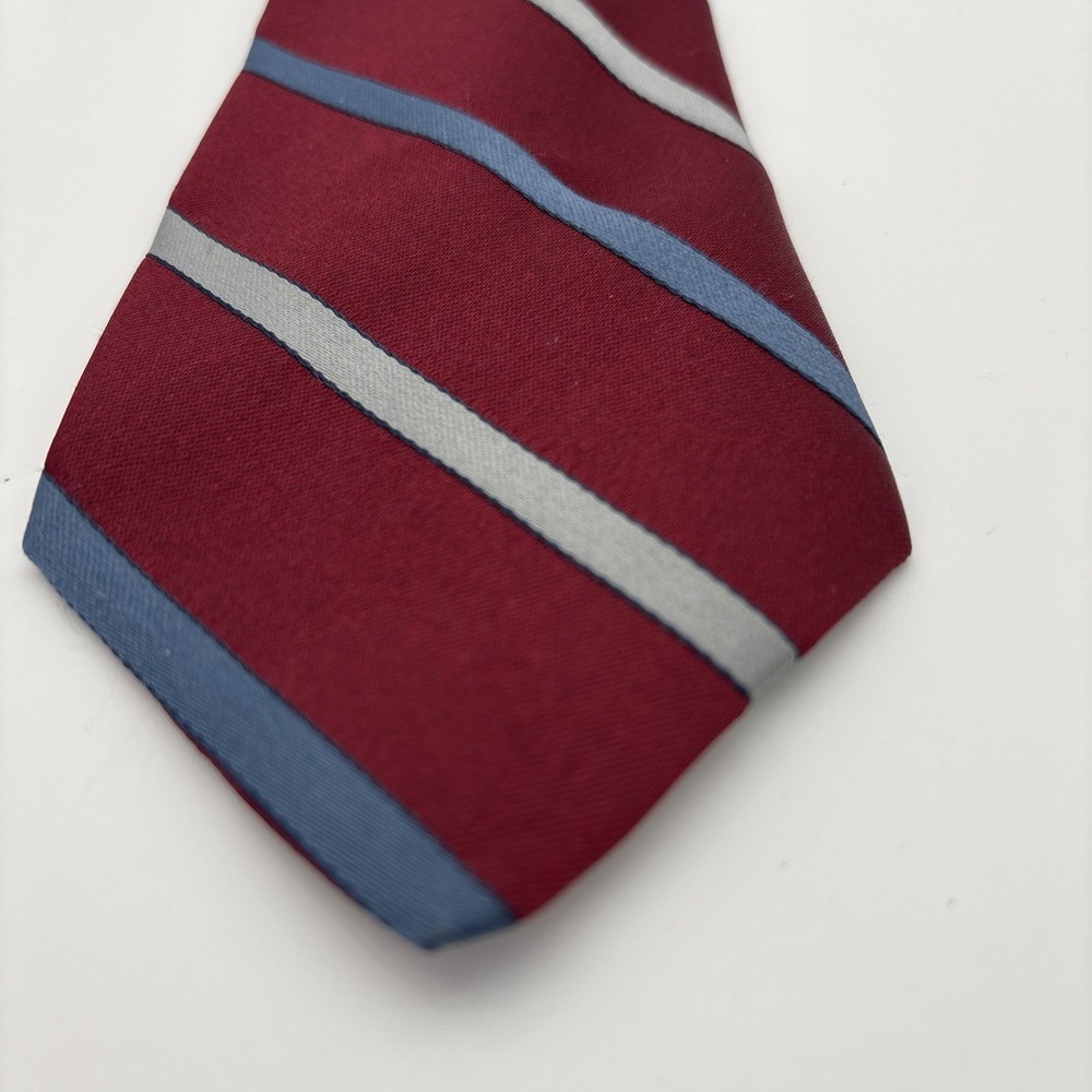 Vintage Hennessy Couture Silk Tie Burgundy Red Blue Silver Striped Regimental - Picture 3 of 3